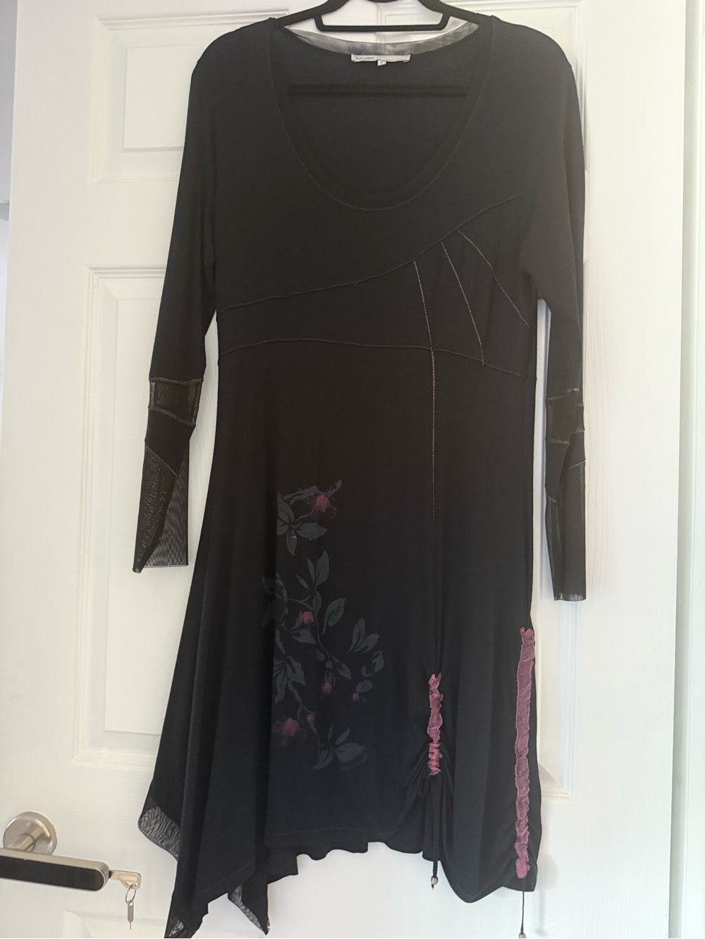 Long-Sleeve Black Floral Detail Asymmetrical Dress